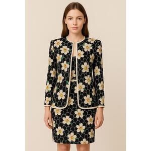 Emanuel Ungaro Parallele 8 Floral Skirt Suit Set Black White Vintage Italy